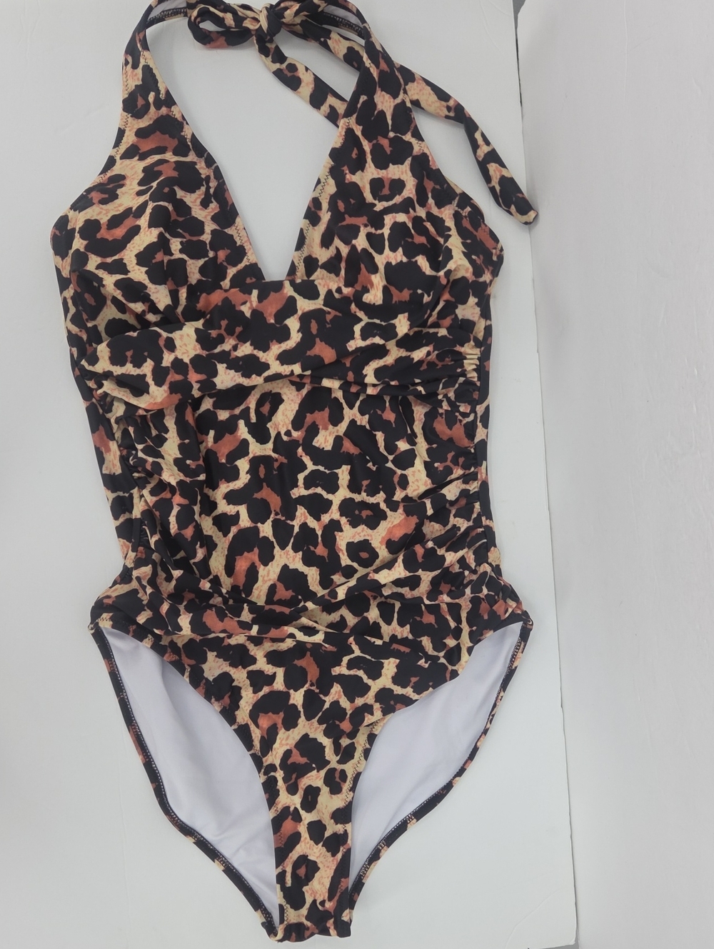 Leopard Print Halter One-Piece Swimsuit in Brown/Tan